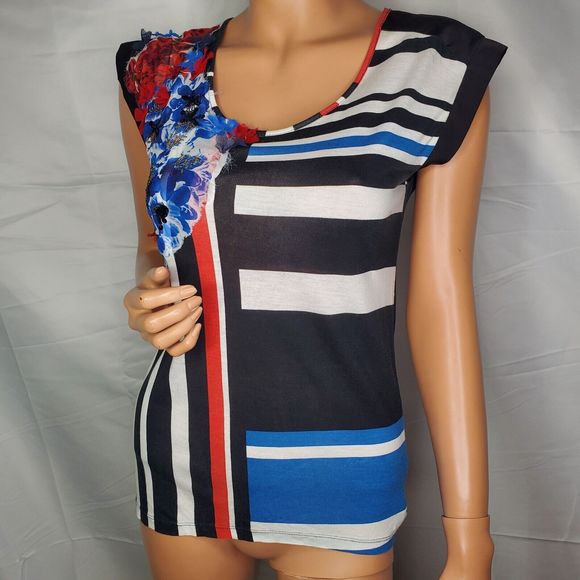 Desigual by Christian Lacroix Women's SS Blouse Stripes 3D Floral Applique Small - Picture 1 of 13